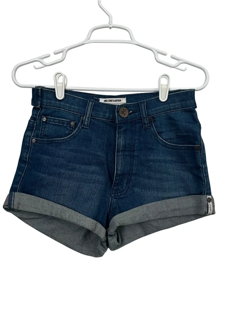 One Teaspoon Harlets High Rise Denim Shorts Twisted Cuff Blue Size 26